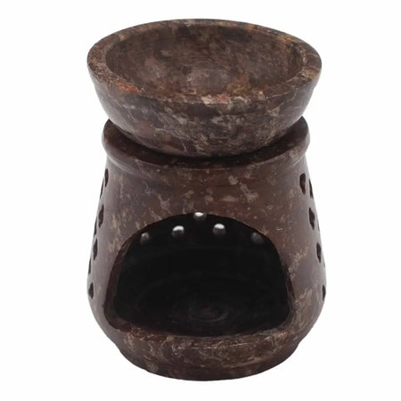 Brown marble soapstone oil burner with bowl top and perforated sides for essential oil diffusion