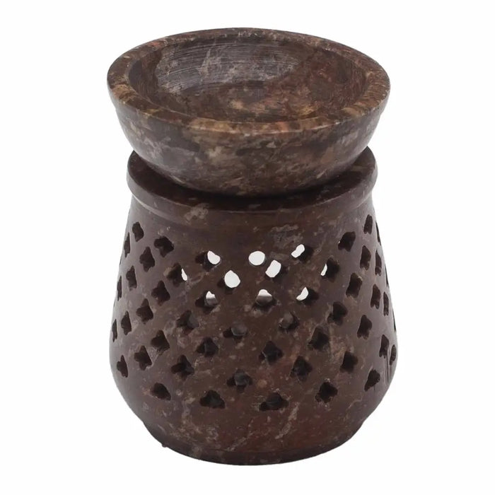 Soapstone oil burner in brown marble with a bowl top and heart-shaped cutouts on the base