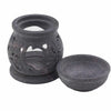 Dark gray soapstone oil diffuser with carved floral patterns and matching bowl for burning oil with om symbol design