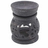 Dark gray soapstone oil burner with carved floral patterns and smooth rounded bowl for oil use featuring om symbol