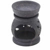 Dark gray soapstone oil burner with carved leaf patterns and a smooth rounded bowl featuring the om symbol