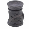 Dark gray soapstone oil burner with carved leaf patterns and om symbol cut-out ventilation holes