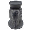 Dark gray soapstone oil burner shaped like a standing elephant with intricate carvings and a smooth rounded top