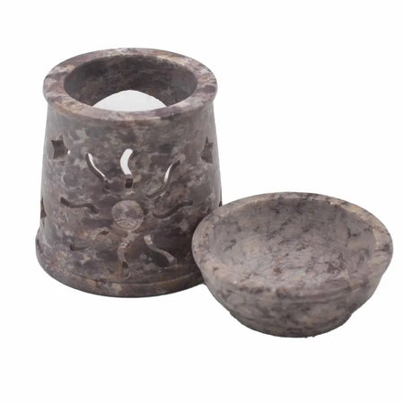 Gray soapstone oil burner with sun and stars carving and matching bowl for warming candles or oils