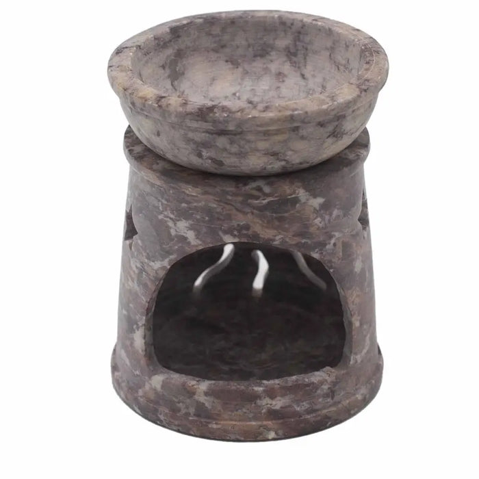 Soapstone oil burner sun and stars with rustic marbled stone, bowl top, and open base with ventilation slots