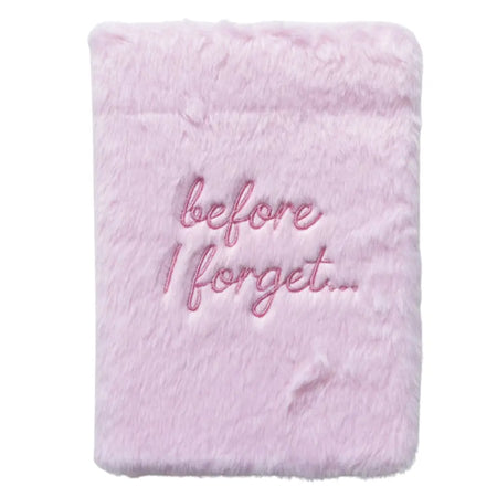 A soft pink faux fur dream journal with embroidered before i forget text and 80 pages for writing memories