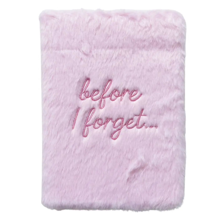 A soft pink faux fur dream journal with embroidered before i forget text and 80 pages for writing memories