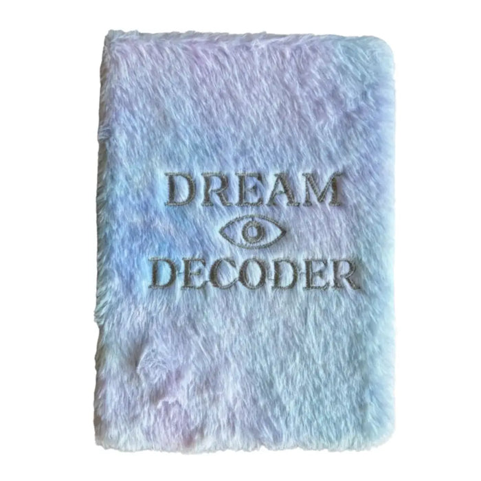 Soft book dream journal with 80 pages in pastel blue and lavender faux fur with dream decoder and eye embroidery