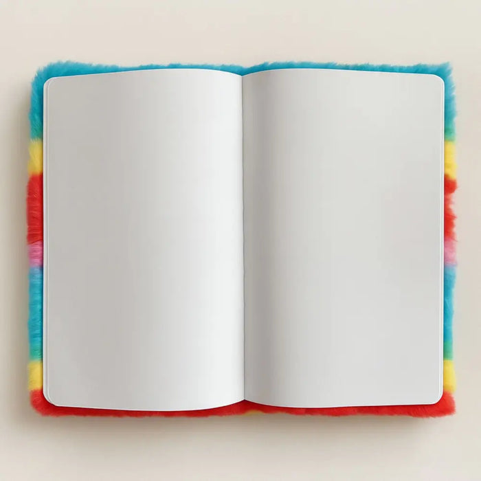 Soft book dream journal with rainbow fuzzy cover and blank white pages for magic ideas and thoughts