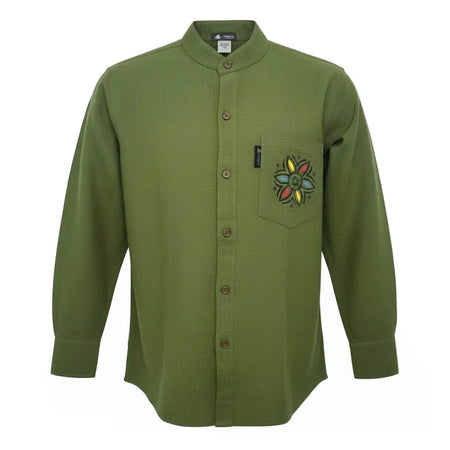 Olive green breathable cotton kathmandu shirt with long sleeves and colorful embroidered flower on chest pocket