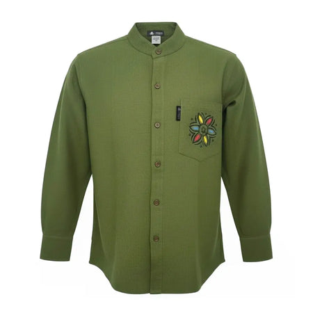 Olive green kathmandu shirt in breathable cotton with long sleeves and colorful flower embroidery on chest pocket medium size