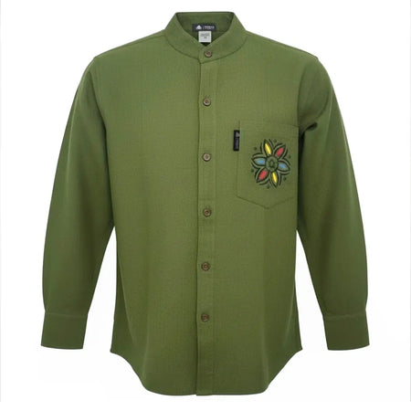 Olive green breathable cotton kathmandu shirt with mandala embroidered chest pocket in soft fabric xl size