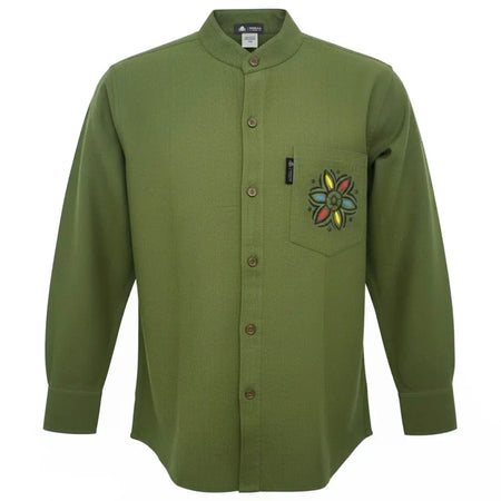 Olive green breathable cotton kathmandu shirt with long sleeves and colorful embroidered flower on left chest pocket xxl size