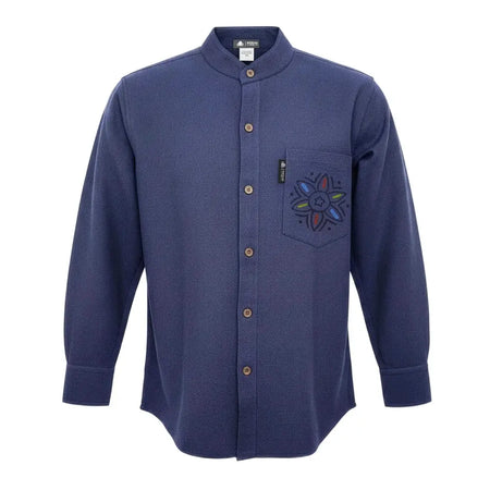 Navy blue ribbed breathable cotton kathmandu shirt with a colorful embroidered flower on the left chest pocket for everyday wear