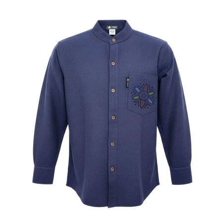 Navy blue breathable cotton kathmandu shirt with long sleeves and mandala embroidery on chest pocket for everyday wear