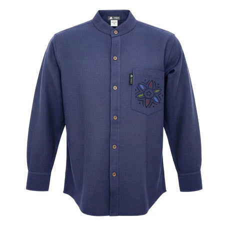 Navy blue breathable cotton kathmandu shirt with mandarin collar and colorful embroidered flower for everyday wear
