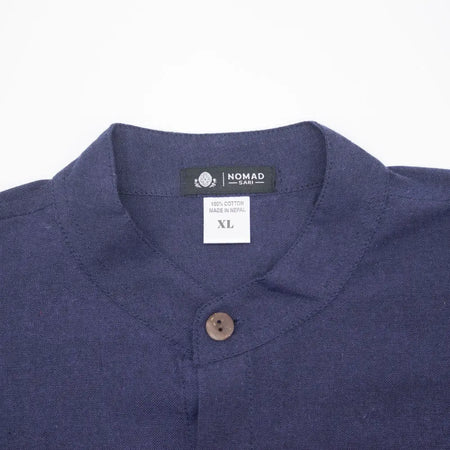 Navy blue breathable cotton kathmandu shirt with subtle texture and nomad sari brand tag in size xl for everyday wear