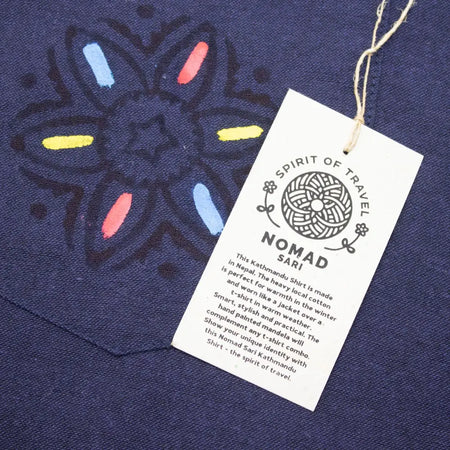 Navy blue breathable cotton kathmandu shirt with hand-painted mandala design in red yellow and light blue for everyday wear