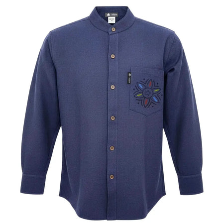 Navy blue soft cotton kathmandu shirt with mandarin collar and colorful embroidered flower for everyday wear