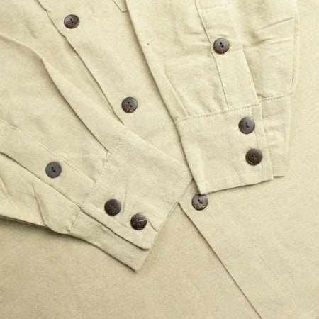 Beige breathable cotton kathmandu shirt with dark brown wooden buttons for comfortable everyday wear in large size