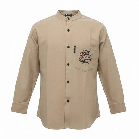 Beige breathable cotton kathmandu shirt with mandala embroidery on chest pocket ideal for everyday wear