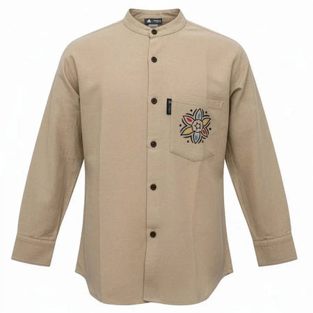 Beige breathable cotton kathmandu shirt xl with long sleeves and colorful embroidered flower on chest pocket for everyday wear