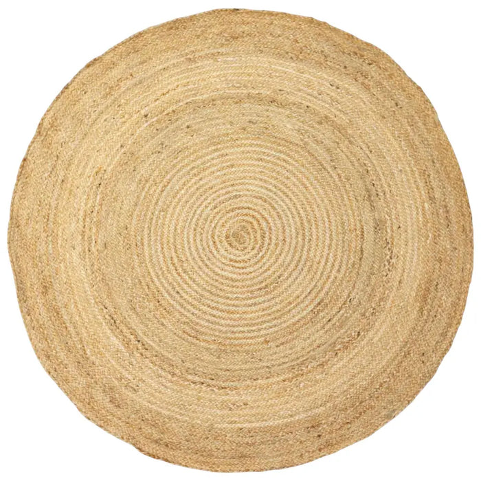 Soft jute circular rug in natural beige with concentric circles available in three sizes for versatile use