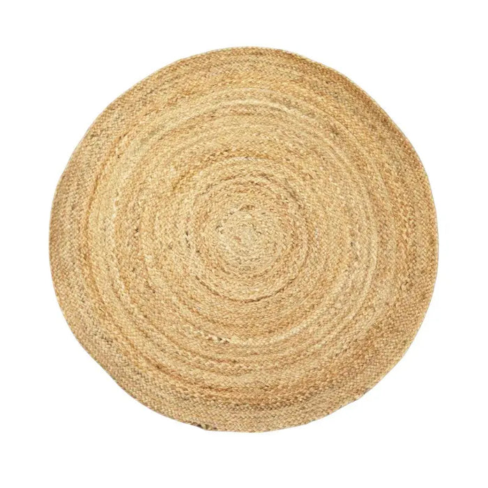 Natural beige jute round rug with concentric circular patterns available in three sizes for versatile room use