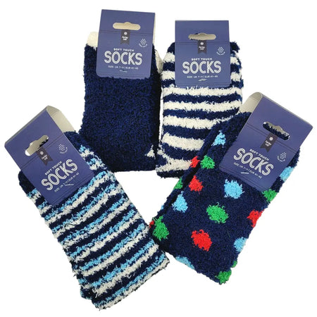 Four pairs of soft touch short socks in navy blue fuzzy material with striped and polka dot patterns
