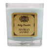 A light blue soy wax candle in a clear 5cm glass jar with an ornate bamboo label reading baby powder