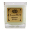 A square glass jar holds a creamy white 5cm soy wax candle with a bamboo cucumber and mint label and black borders