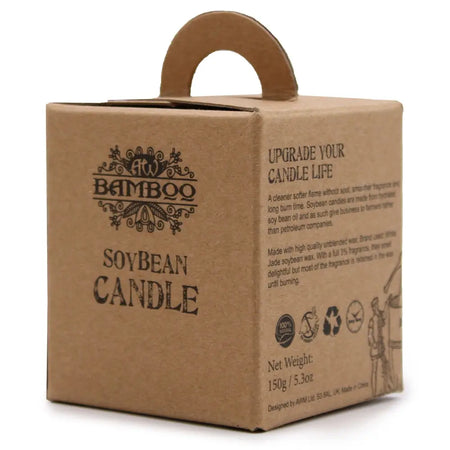Brown cardboard box with handle labeled bamboo soybean candle in black ink for soy wax jar candle fig cassis 5cm