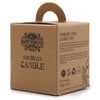 Brown cardboard box with handle labeled bamboo soybean candle next to 5cm soy wax jar candle lily and jasmine
