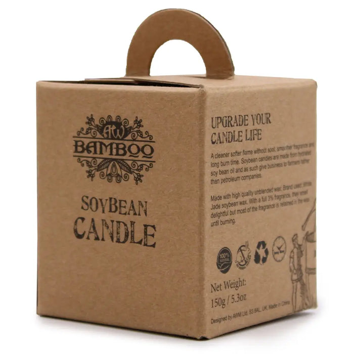 Brown cardboard box with handle labeled bamboo soybean candle for soy wax jar candle 5cm size in black ink
