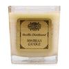 A creamy beige soy wax candle in a clear square glass jar with a bamboo style label vanilla shortbread 5cm tall
