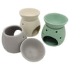 Set of four spa collection stoneware oil burners in beige gray and mint green with matching bowls