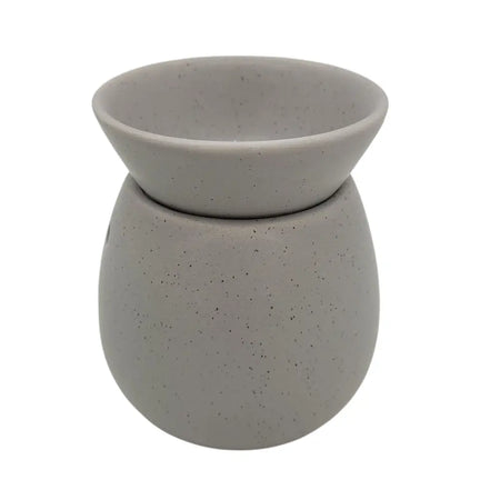 Gray speckled ceramic oil burner with rounded bowl on top from spa collection stoneware available in three colors