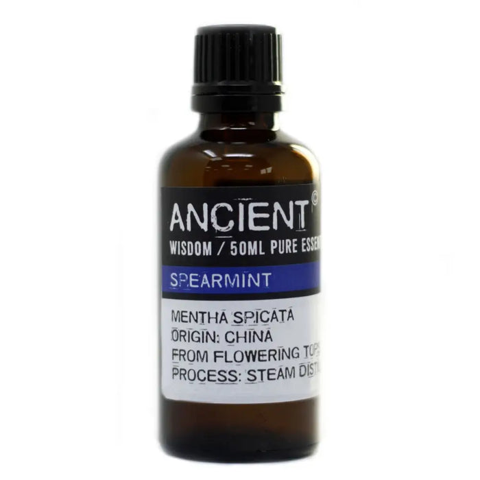A 50ml amber glass bottle of spearmint essential oil with black ribbed cap and allergen declarations from china naturally occurring