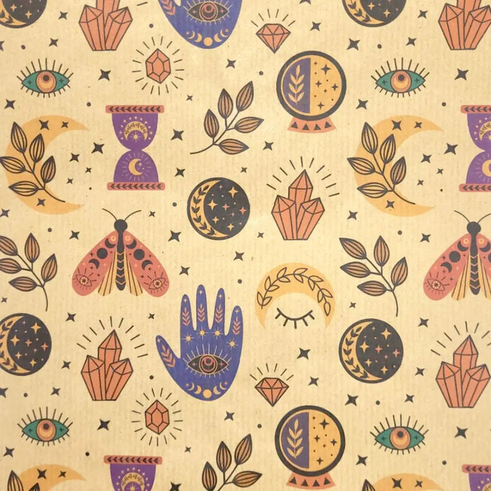 Spellbound recycled kraft wrapping paper with whimsical crystals eyes moons and hands on brown kraft kraft wrapping sheet
