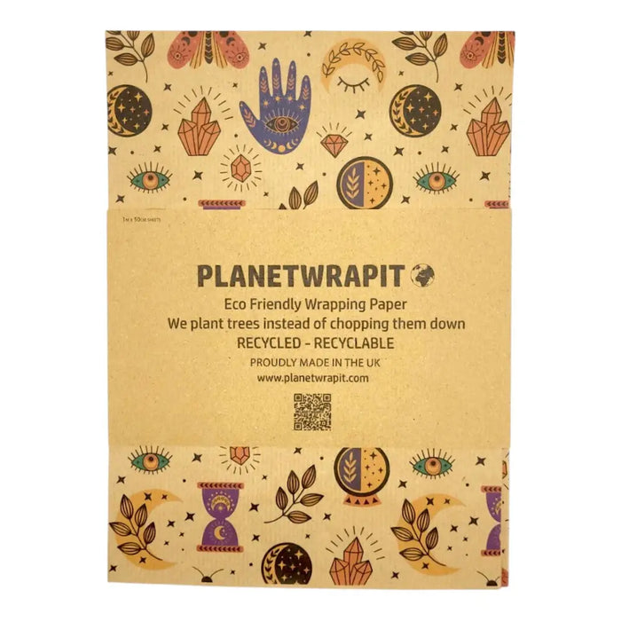 Beige recycled kraft wrapping paper with purple orange and brown crystals eyes moons and hand symbols pattern