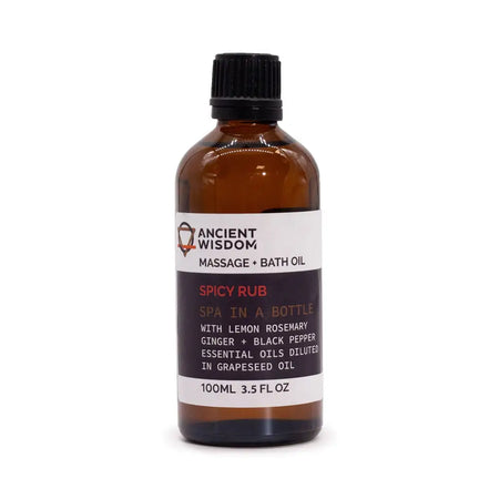 A brown glass bottle of ancient wisdom spicy rub massage oil with a black cap and dark label in 100ml size