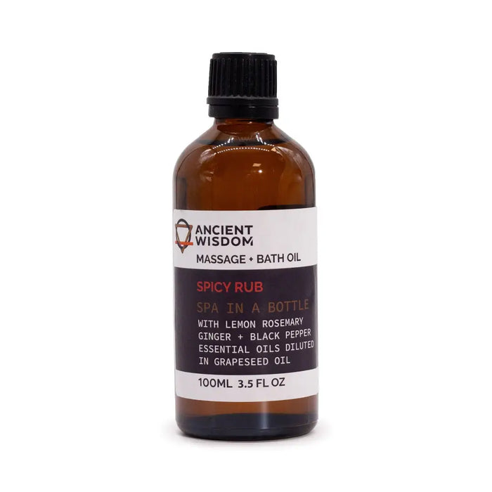 A brown glass bottle of ancient wisdom spicy rub massage oil with a black cap and dark label in 100ml size