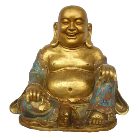 Golden buddha statue gift card featuring intricate enamel detailing on robes for a thoughtful gift idea