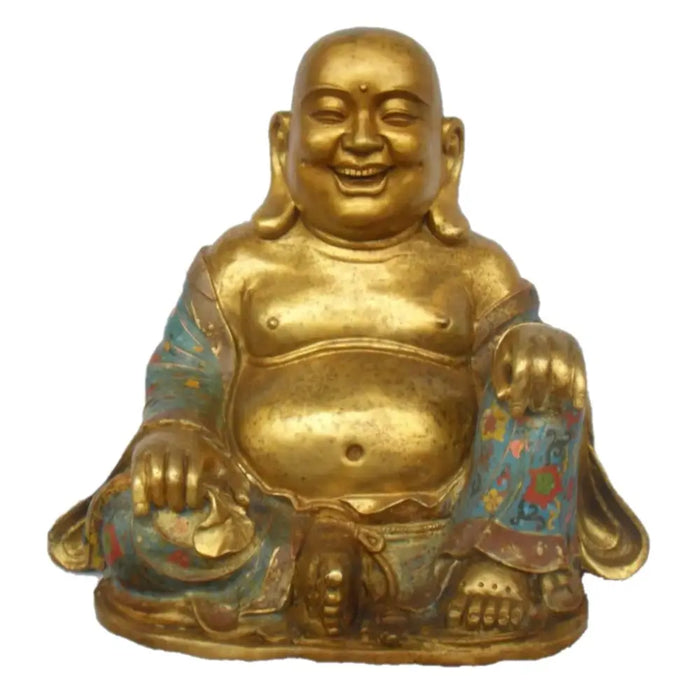 Golden buddha statue gift card featuring intricate enamel detailing on robes for a thoughtful gift idea