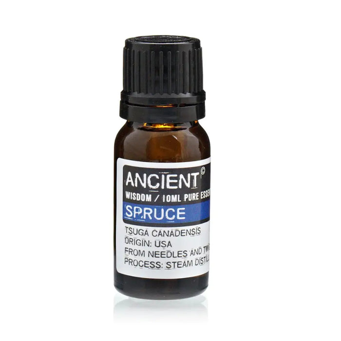A small amber glass bottle with black cap and white label of ancient wisdom spruce essential oil 10ml