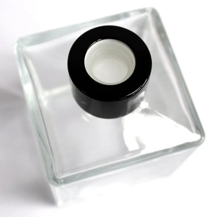 Clear glass square diffuser bottle with black rubber stopper for 200ml bamboo reed diffuser and diffuser sticks