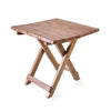 A rustic square folding coffee table made of teak wood with a natural finish and metal fasteners