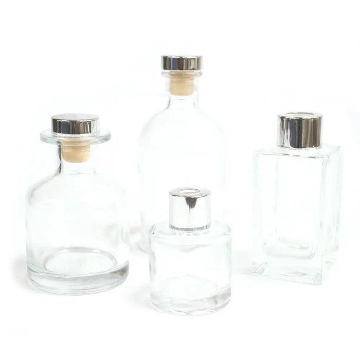 Clear glass square reed diffuser bottles with silver caps and cork stoppers for bamboo reed diffuser 100ml use