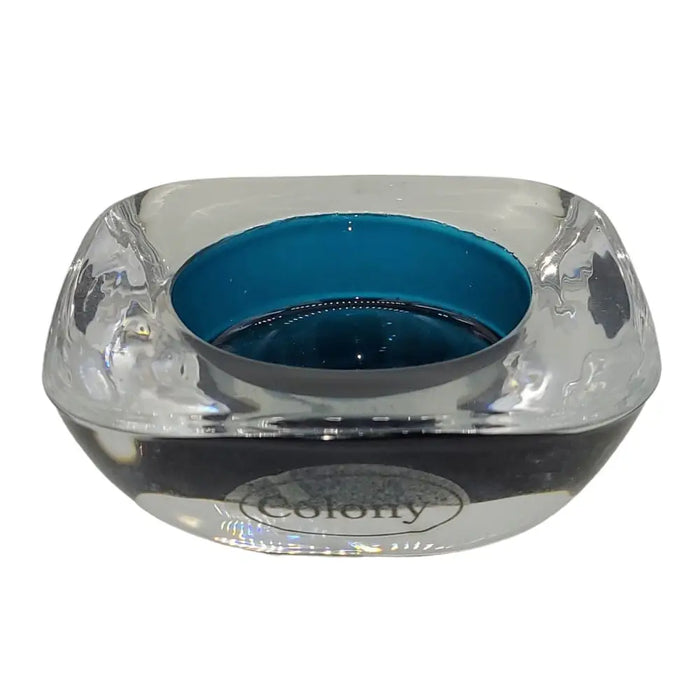 Square two-tone glass tealight holder with clear hammered finish and teal inner bowl for glass tealight use