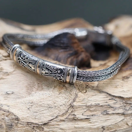 Sterling silver and 18ct yellow gold bracelet with twin chain and intricate filigree braided design